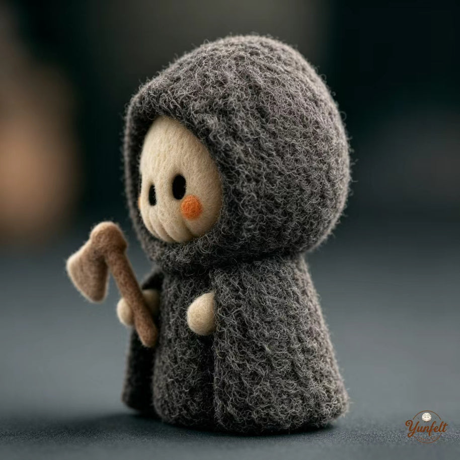 Handmade Wool Felt Little Reaper Figurine – Spooky Halloween Desk Decor Gift
