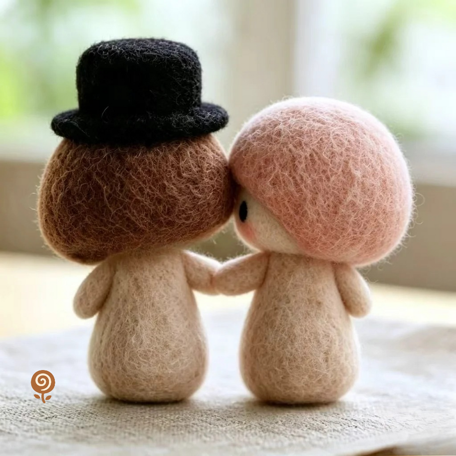 The Ever-After Mushroom Couple – Handmade Wool Felt Figurine Set