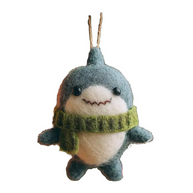 Shark with Green Scarf – Wool Felt Cozy Winter Ornament