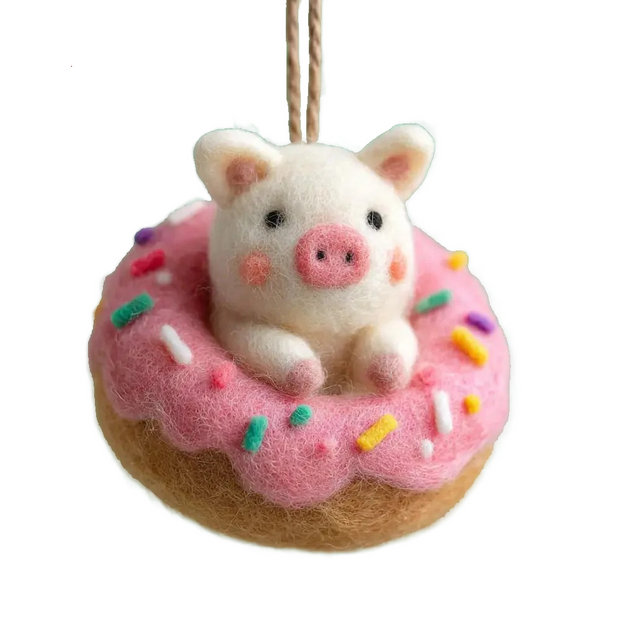Donut Piggy Ornament – Wool Felt Sprinkled Hanging Decor