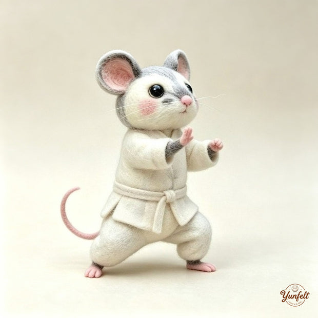 Handmade Wool Felt Martial Arts Mouse Figurine – Whimsical Desk Decor Gift