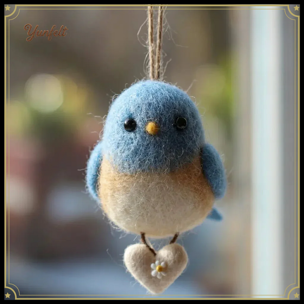 Bluebird of Happiness with Daisy Heart – Wool Felt Hanging Ornament