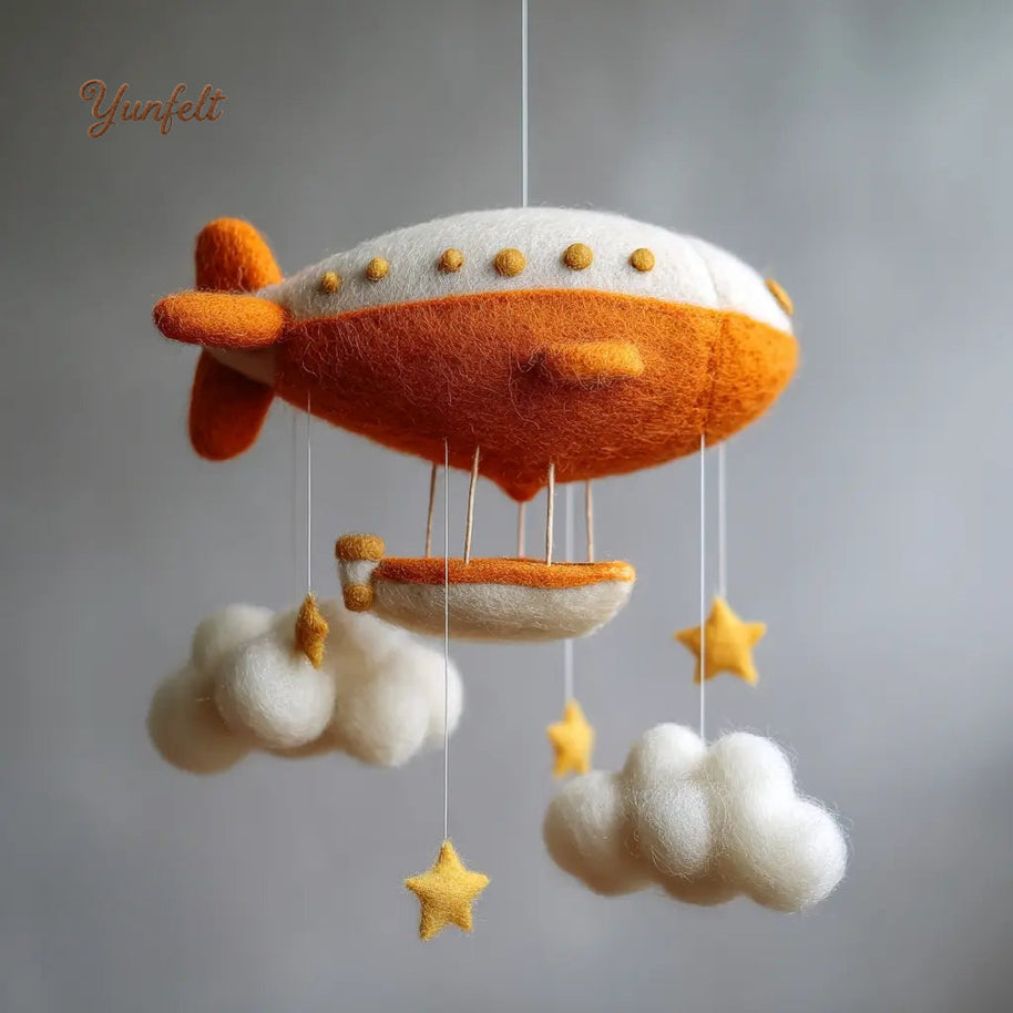 Vintage Airship Nursery Mobile – Wool Felt Cloud Navigator Hanging Decor