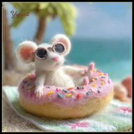 Beach Mouse in Donut Floatie – Wool Felt Summer Desk Pet