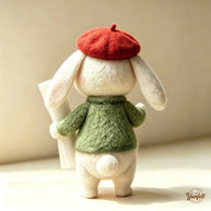 Handmade Wool Felt Beret Rabbit Figurine – Cozy Desk Decor Gift