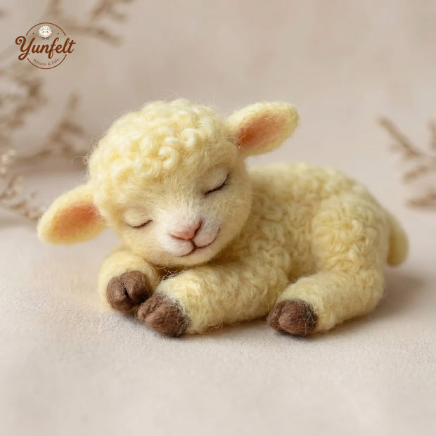 Serene Sleeping Lamb – Wool Felt Curled Up Bedtime Friend