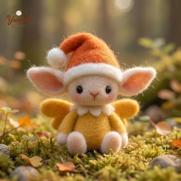 Forest Pixie with Red Hat & Green Wings – Wool Felt Whimsical Art