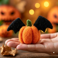 Handmade Wool Felt Bat-Winged Pumpkin Figurine – Halloween Desk Decor Gift