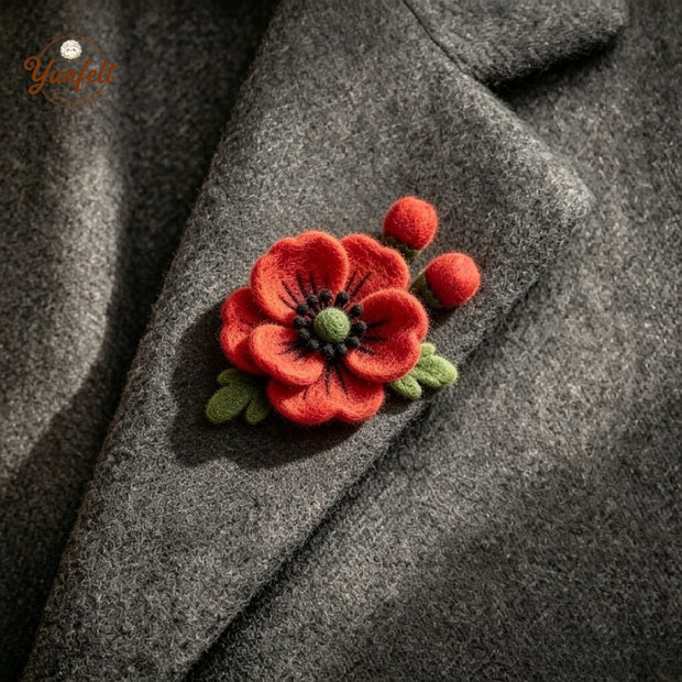 Handmade Wool Felt Red Poppy Brooch – Floral Fashion Accessory Gift