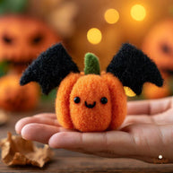 Handmade Wool Felt Bat-Winged Pumpkin Figurine – Halloween Desk Decor Gift