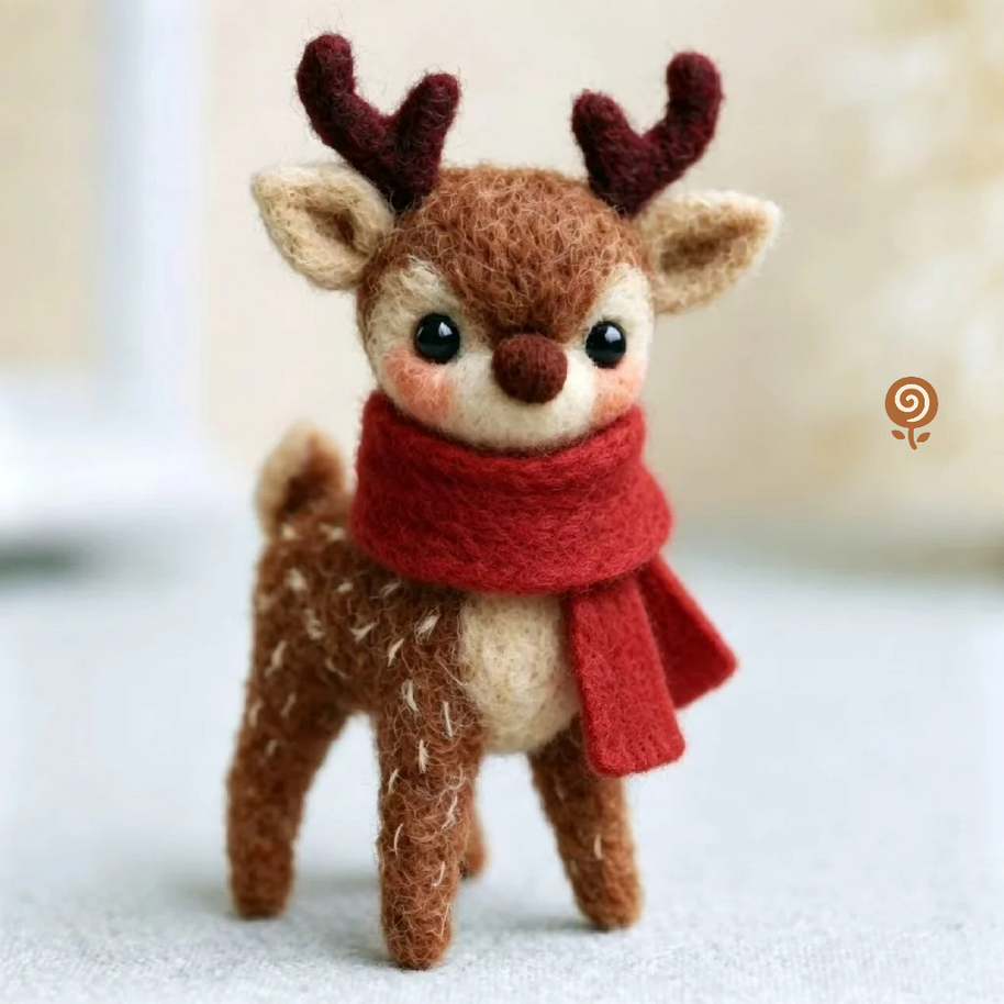 The Red-Scarf Little Reindeer – Handmade Wool Felt Figurine