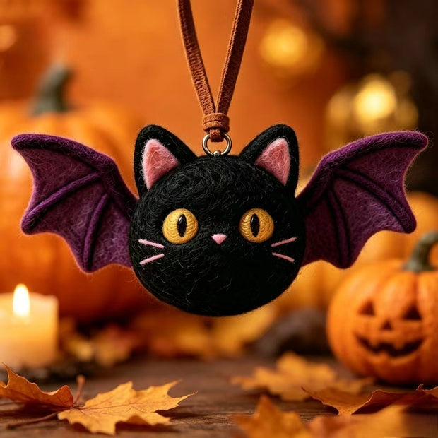 Handmade Wool Felt Bat Cat Hanging Charm – Halloween Home Decor Gift