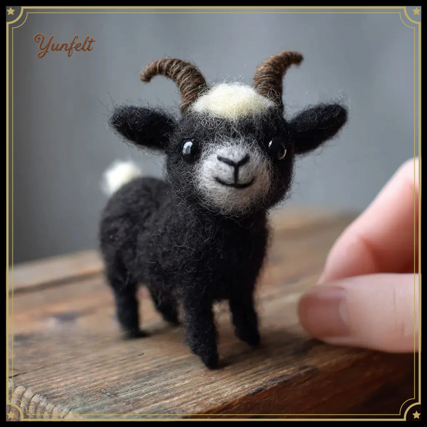 Black Goat with Horns – Wool Felt Playful Farm Figurine