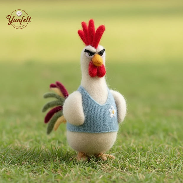 Grumpy Rooster in Burgundy Vest – Playful Wool Felt Desk Mascot