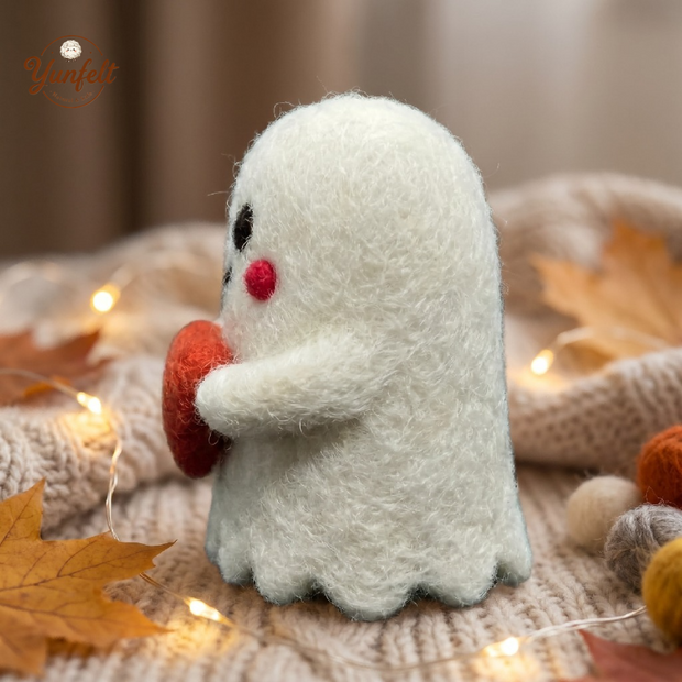 Friendly Ghost Figurine – Wool Felt Love Spirit with Heart