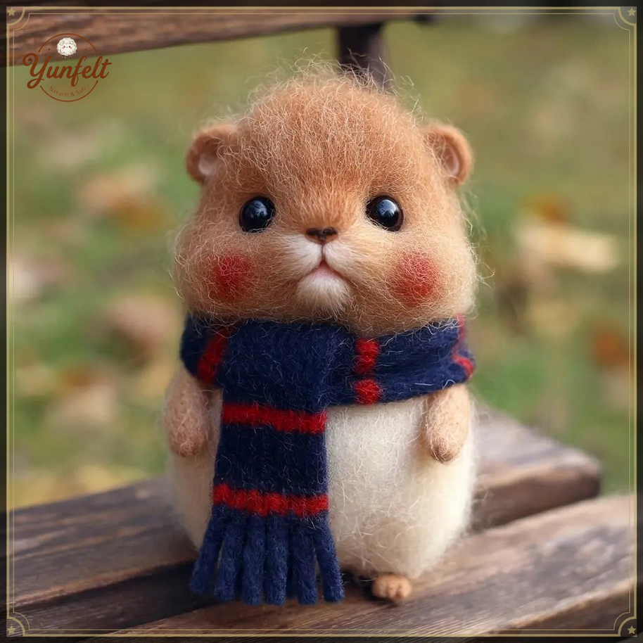 Winter Buddy Hamster with Scarf – Wool Felt Healing Desk Pet