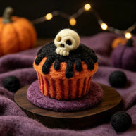 Handmade Wool Felt Skull Cupcake Figurine – Spooky Halloween Desk Decor Gift