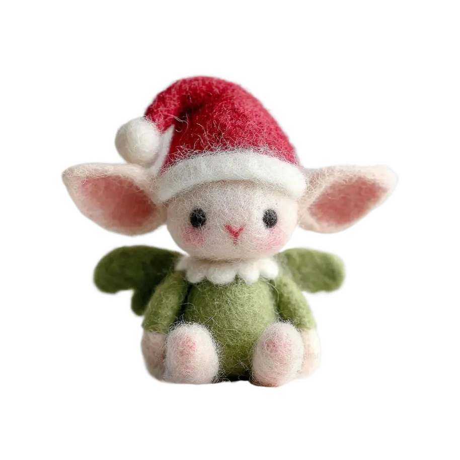 Forest Pixie with Red Hat & Green Wings – Wool Felt Whimsical Art