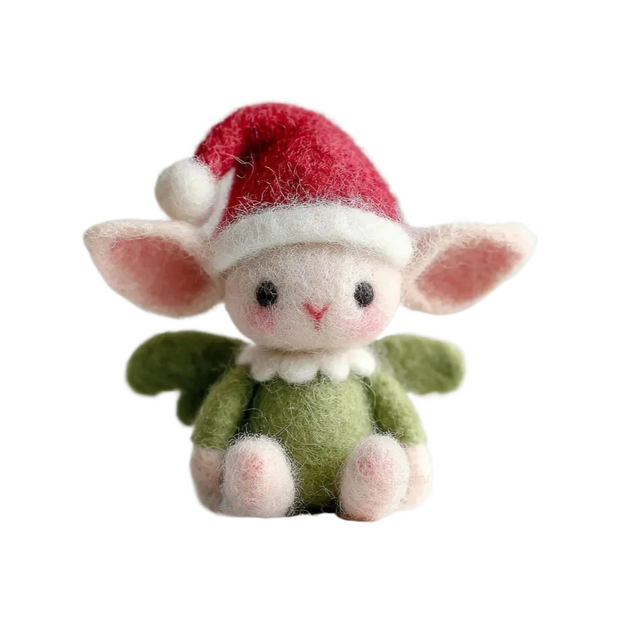 Forest Pixie with Red Hat & Green Wings – Wool Felt Whimsical Art