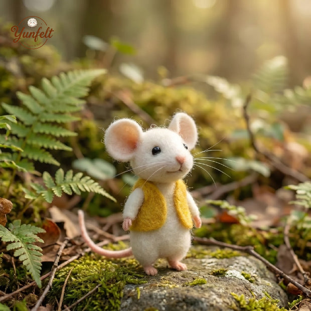 Minimalist Mouse in Green Vest – Simple Wool Felt Desk Figurine