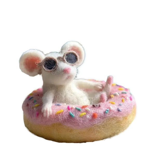 Beach Mouse in Donut Floatie – Wool Felt Summer Desk Pet