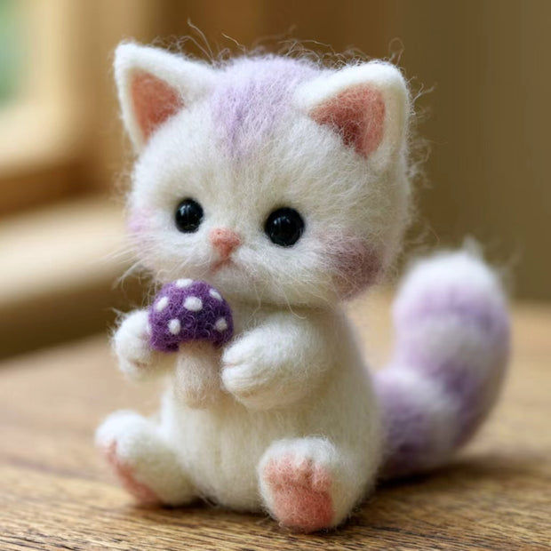 Handmade Wool Felt Purple Mushroom Cat Figurine – Whimsical Desk Decor Gift