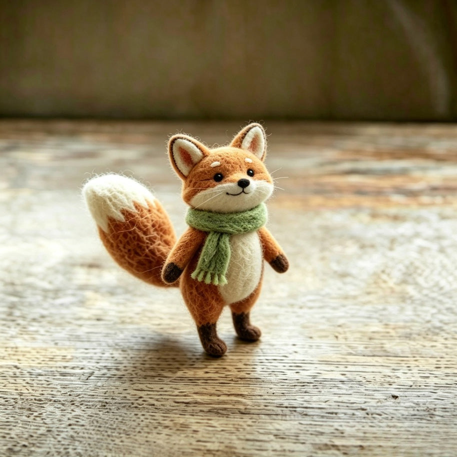 Handmade Wool Felt Cozy Scarf Fox Figurine – Woodland Desk Decor Gift
