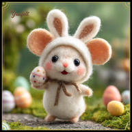 Mouse in Bunny Suit Holding Easter Egg – Wool Felt Spring Figurine