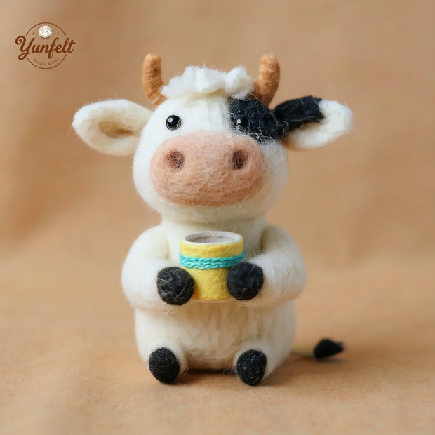 Sitting Cow Holding a Mug – Wool Felt Farmhouse Morning Companion