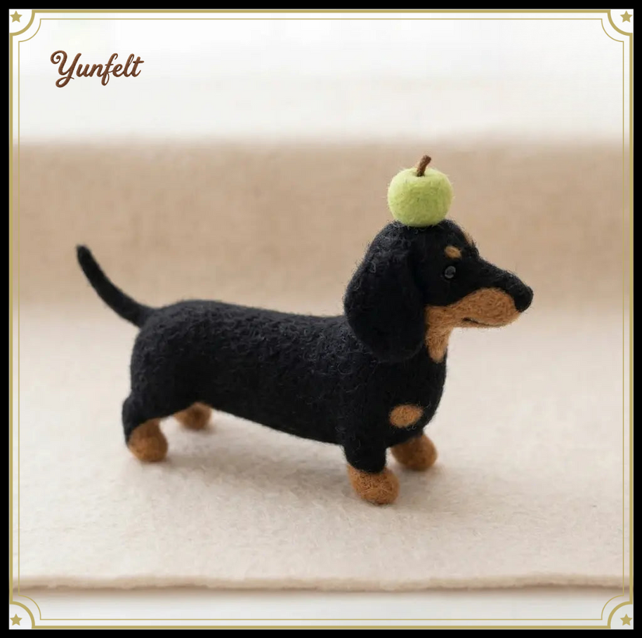 Dachshund with Green Apple on Head – Wool Felt Balancing Desk Pet