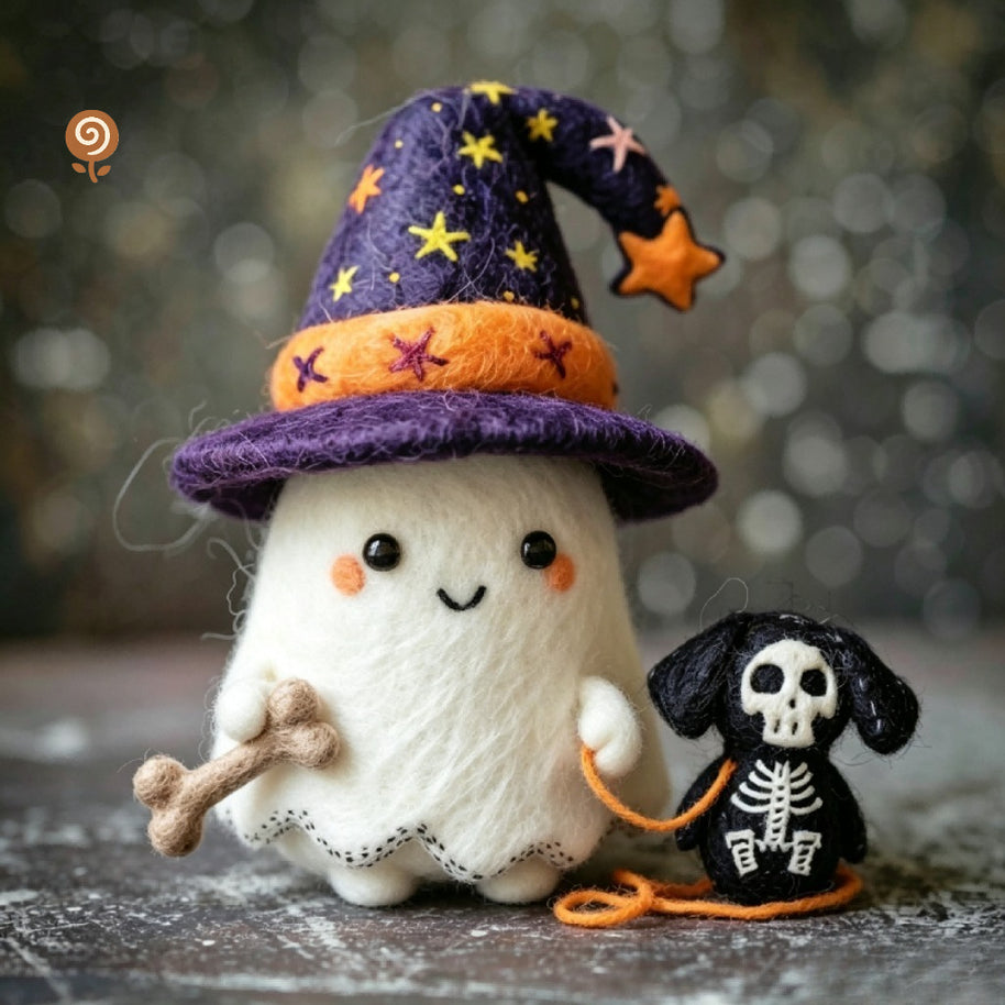 The Ghost and Skeleton Pup – Handmade Wool Felt Halloween Figurine