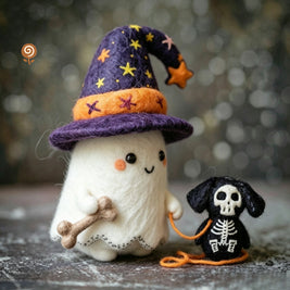 The Ghost and Skeleton Pup – Handmade Wool Felt Halloween Figurine