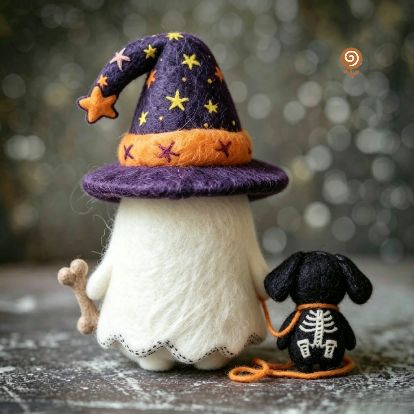 The Ghost and Skeleton Pup – Handmade Wool Felt Halloween Figurine