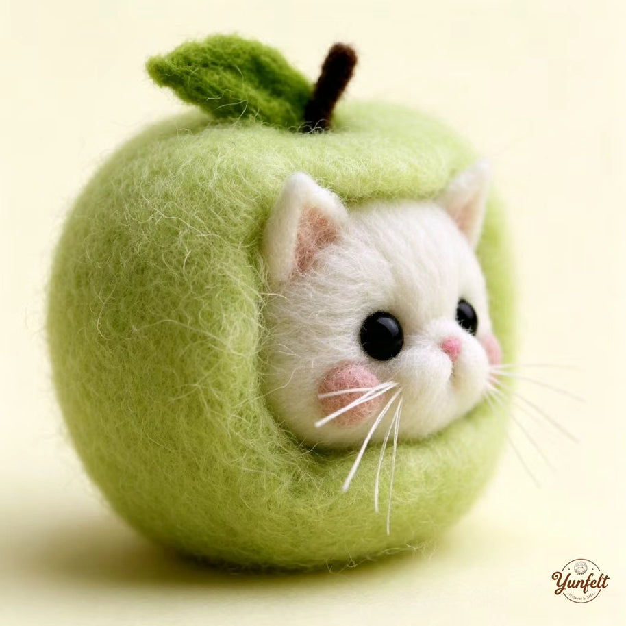 Handmade Wool Felt Apple Cat Figurine – Whimsical Desk Decor Gift