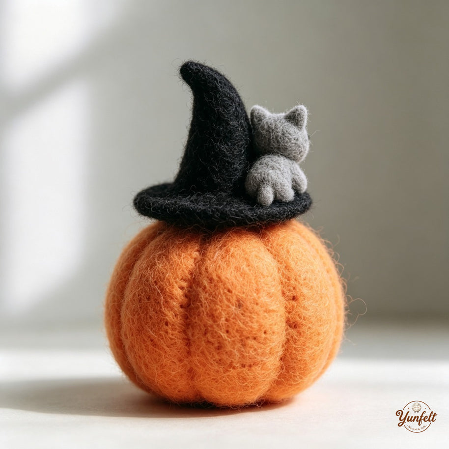 Handmade Wool Felt Witch Cat Pumpkin Figurine – Halloween Desk Decor Gift