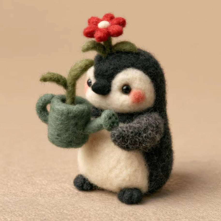 Handmade Wool Felt Gardening Penguin Figurine – Spring Desk Decor Gift
