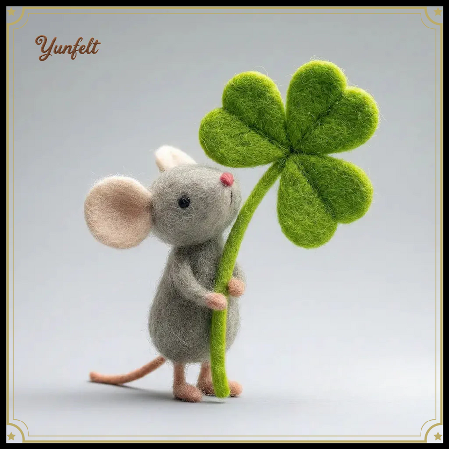 Woodland Mouse with Shamrock – Wool Felt Lucky Clover Figurine
