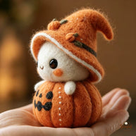Handmade Wool Felt Pumpkin Elf Figurine – Halloween Desk Decor Gift