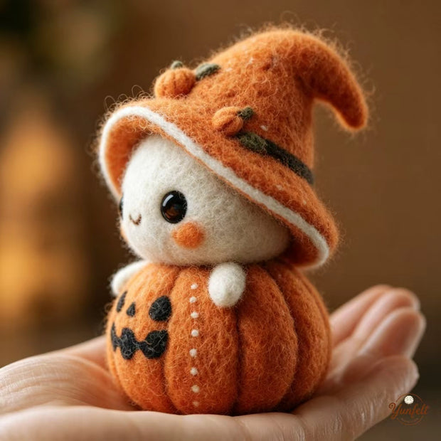 Handmade Wool Felt Pumpkin Elf Figurine – Halloween Desk Decor Gift