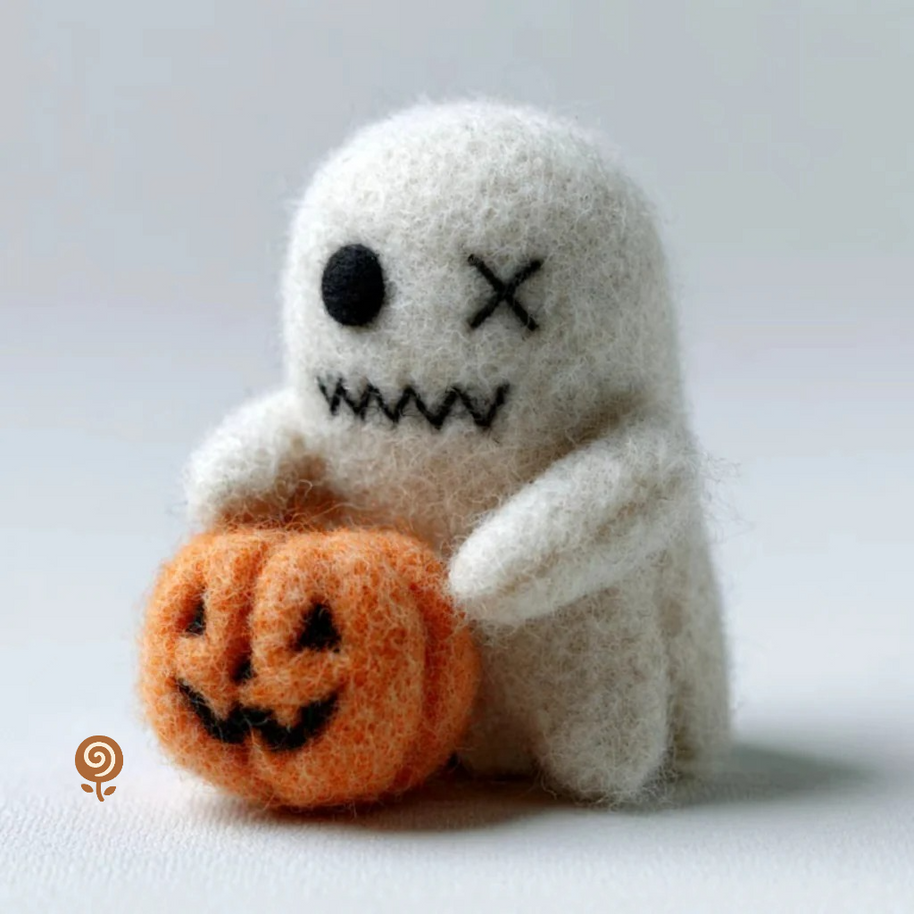 The Pumpkin-Hugging Little Ghost – Handmade Wool Felt Halloween Figurine