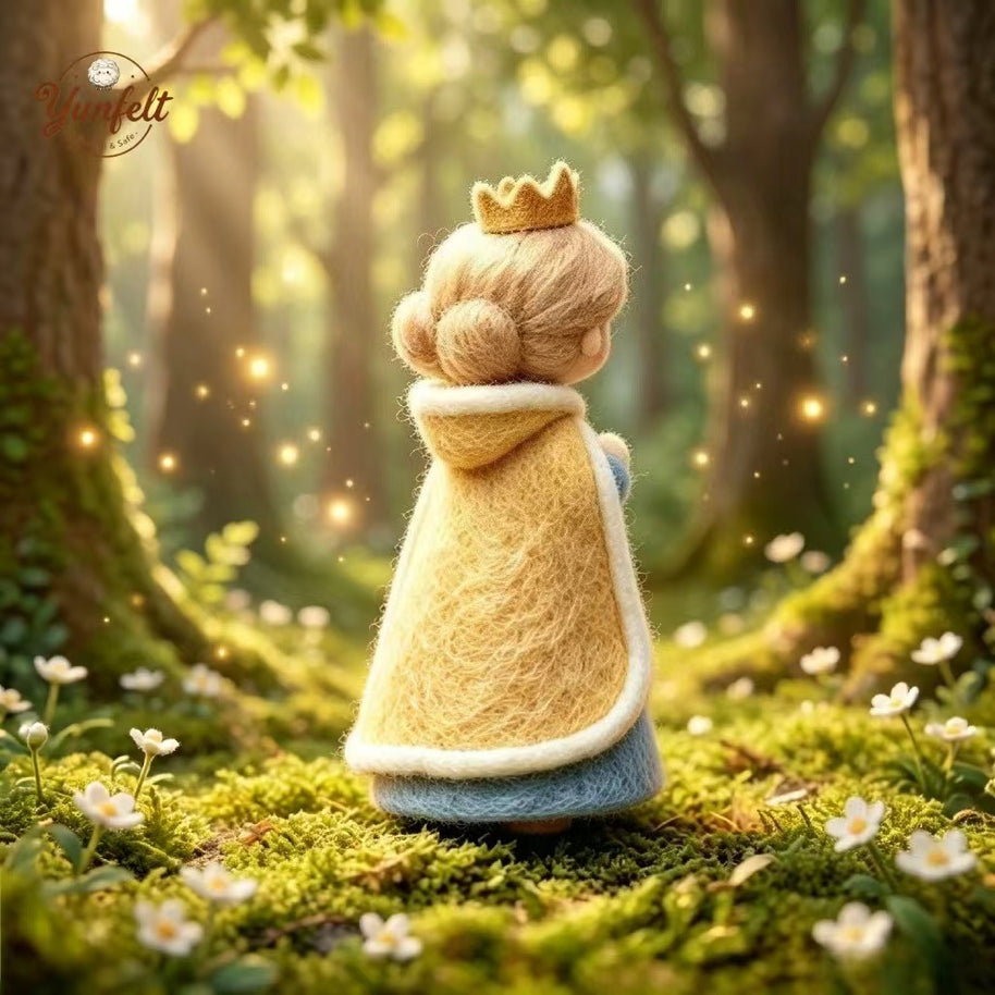 Handmade Wool Felt Woodland Princess Figurine with Golden Crown – Fairy Tale Desk Decor Gift