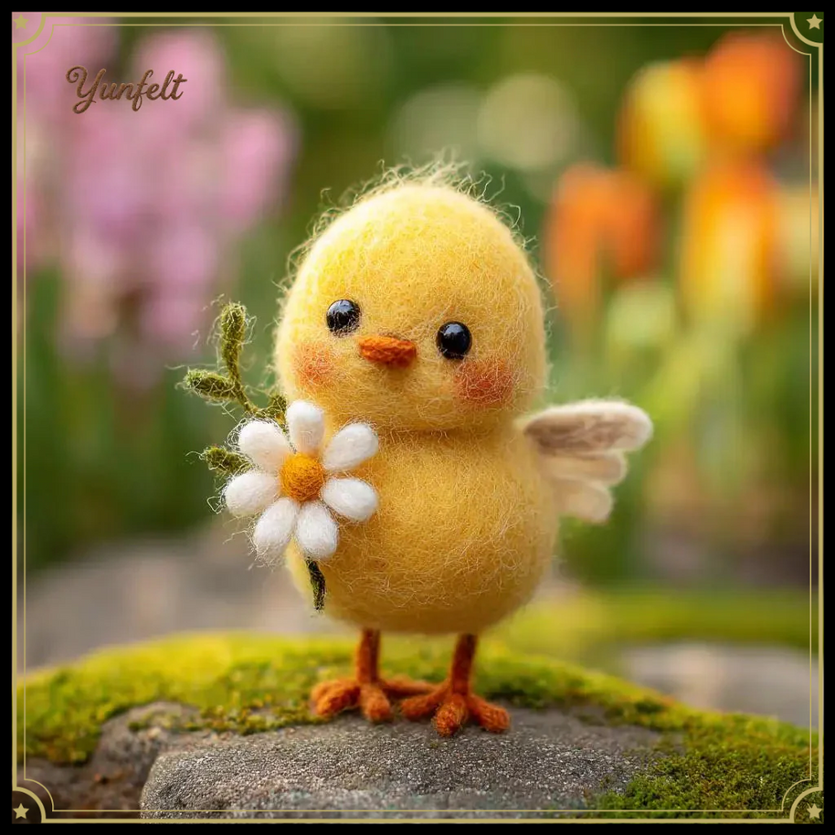 Chick with Daisy – Wool Felt Spring Sunshine Figurine