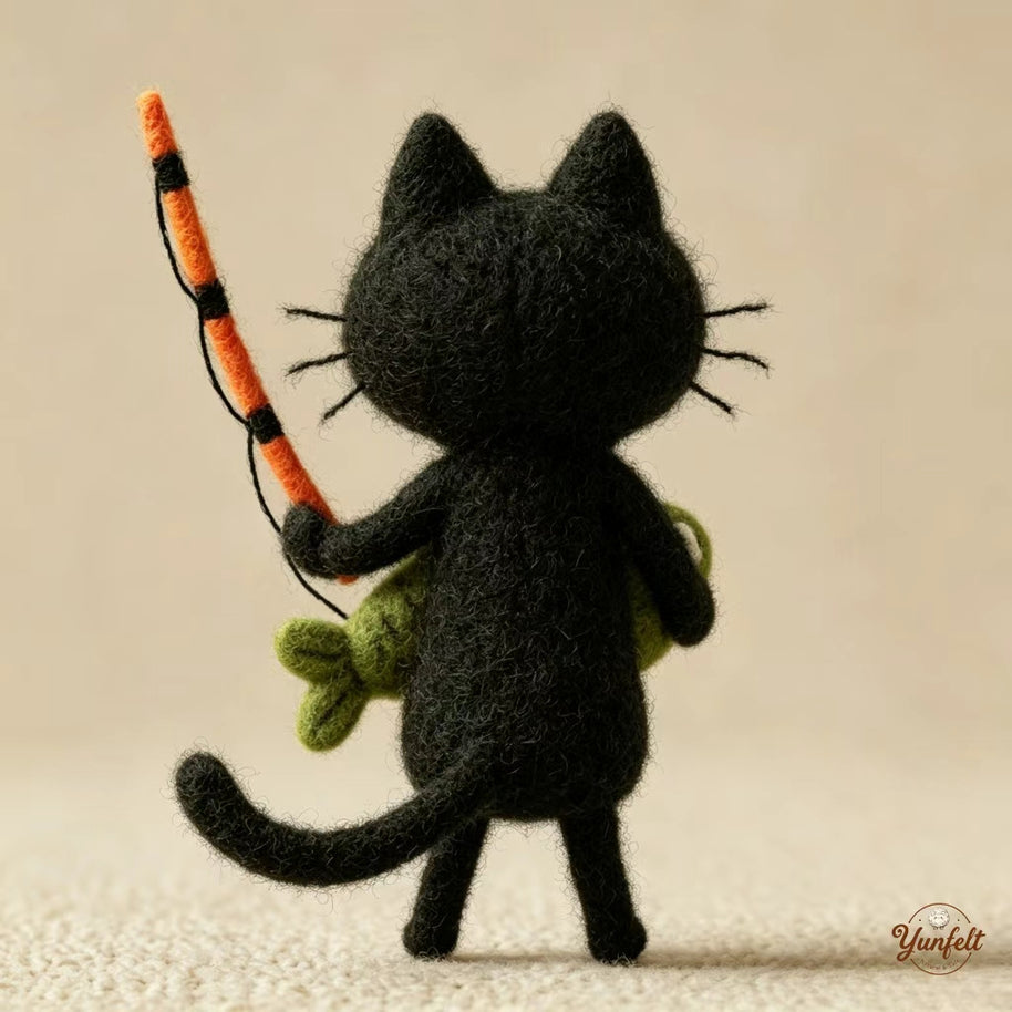 Bewildered Black Cat – Handmade Wool Felt Figurine