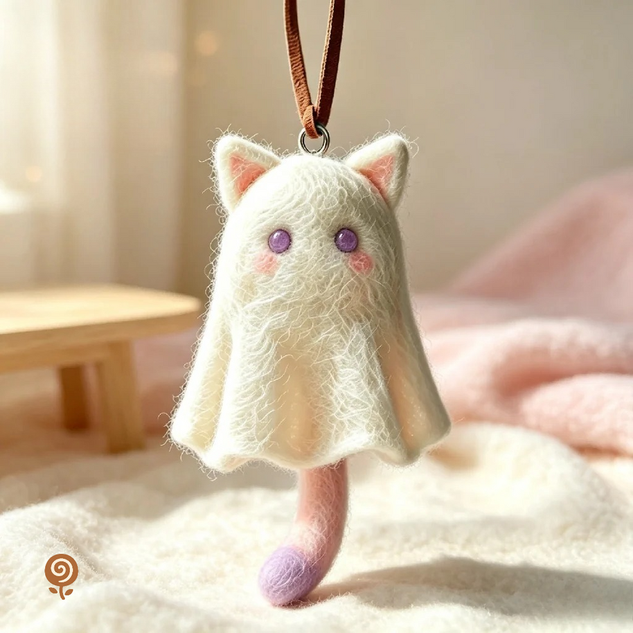 The Little Ghost Cat – Handmade Wool Felt Halloween Hanging Ornament