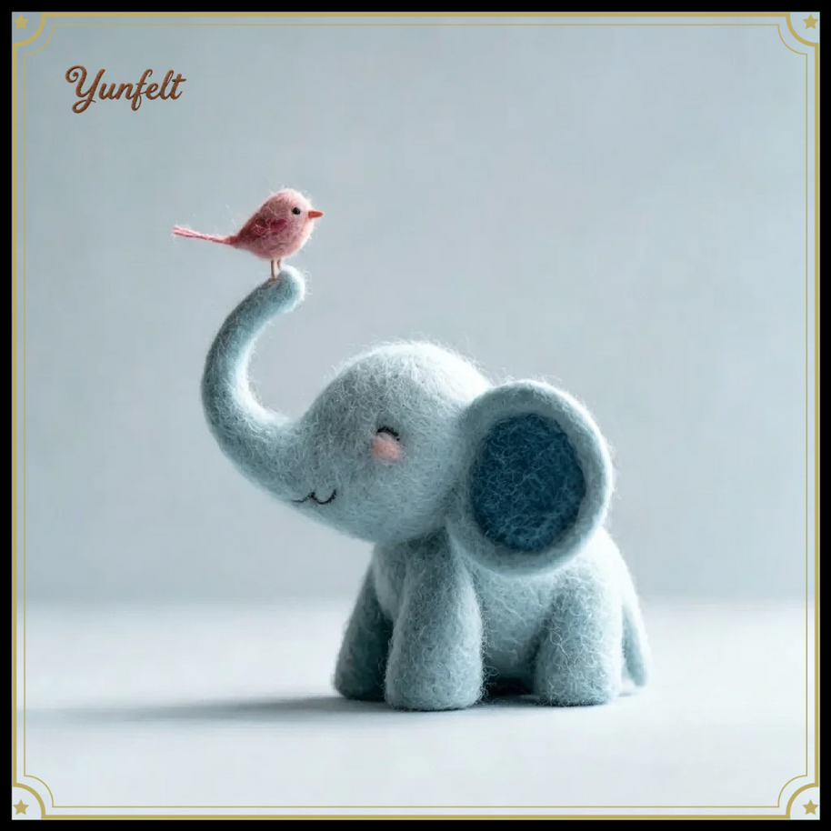Friendship Blue Elephant with Pink Bird – Wool Felt Heartwarming Figurine