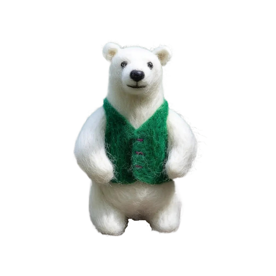 Storybook White Bear in Green Vest – Wool Felt Gentle Desk Companion