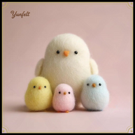 Nestling Family Set – Wool Felt Mama Chick & Three Baby Birds