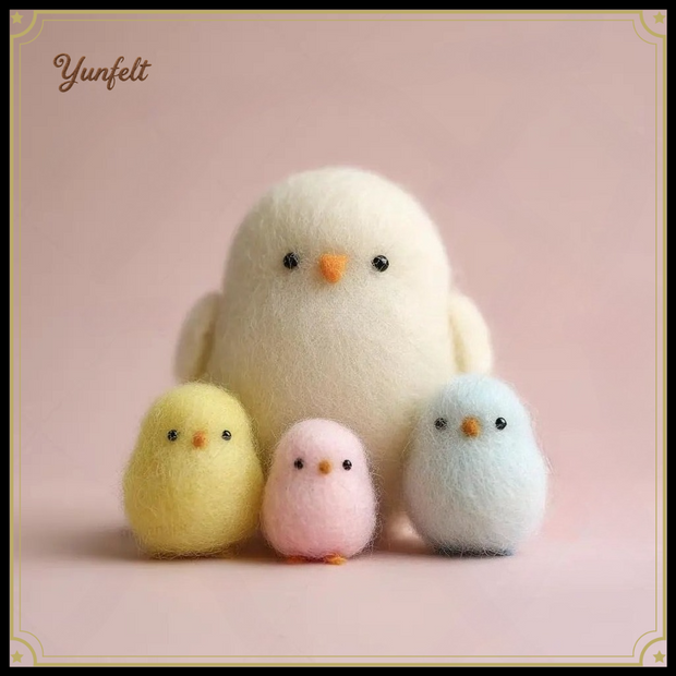 Nestling Family Set – Wool Felt Mama Chick & Three Baby Birds