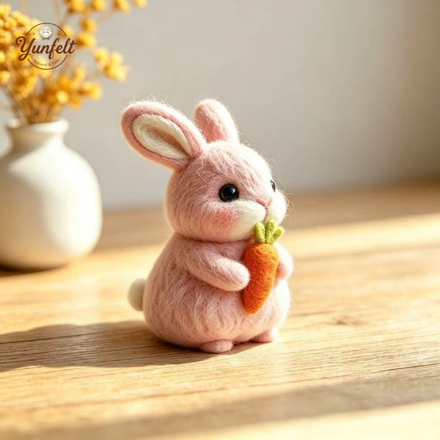 Handmade Wool Felt Pink Bunny Figurine – Easter Desk Decor Gift