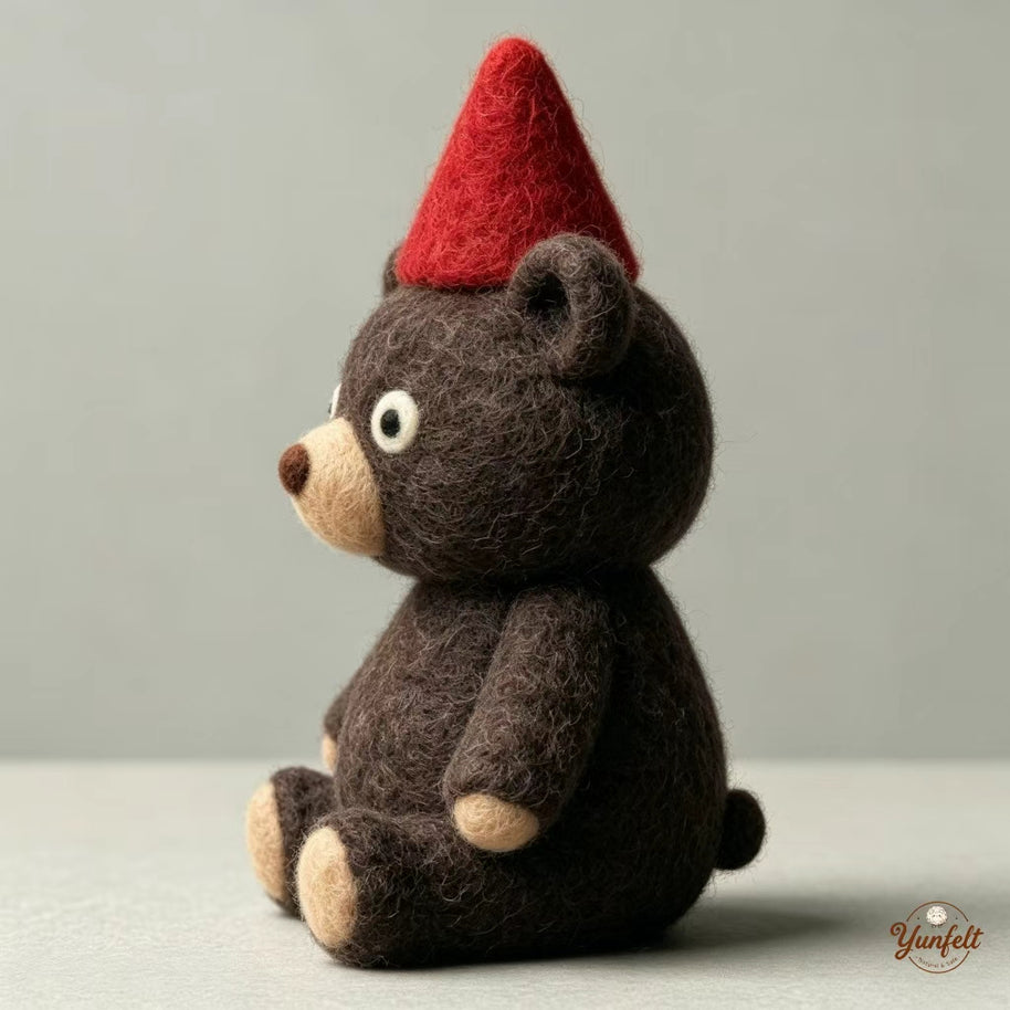 Handmade Wool Felt Red Hat Bear Figurine – Whimsical Desk Decor Gift